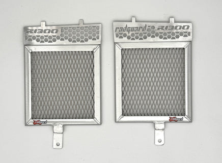 A BMW R1300GSA radiator guard in polished alloy