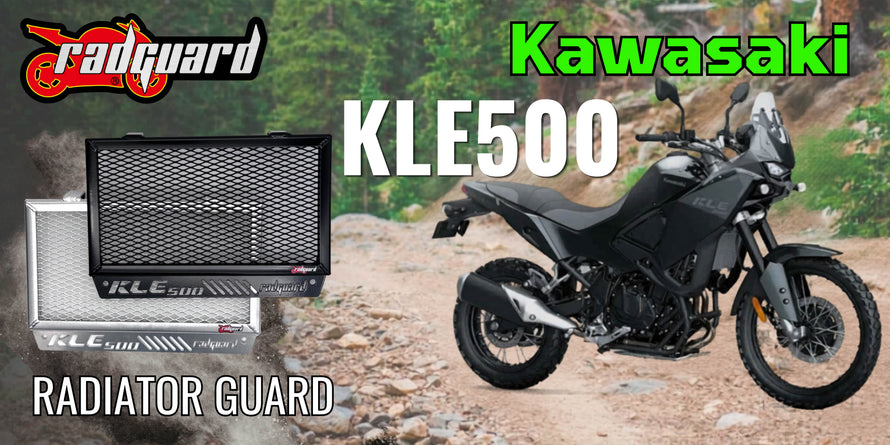 Kawasaki KLE500 motorcycle with a radiator guard on a natural background, Showing Rad Guard's products a must needed essential item!