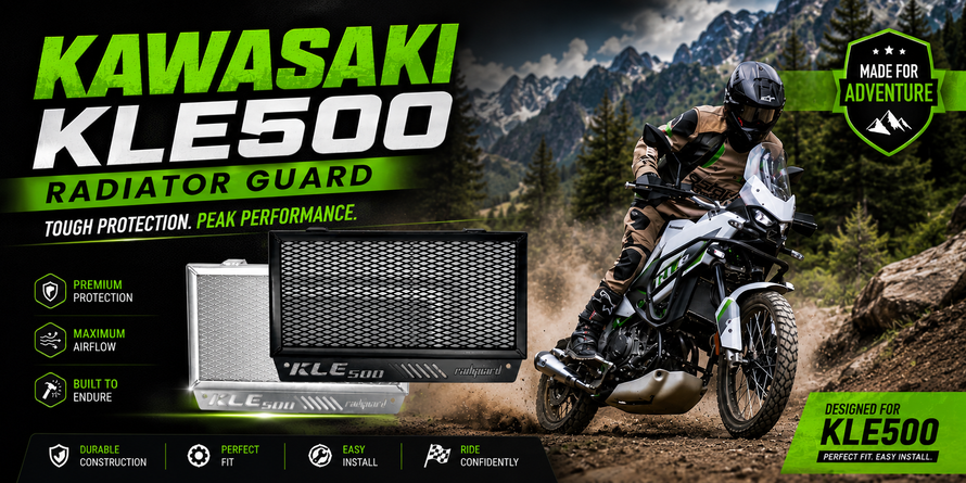 Kawasaki KLE500 radiator guard advertisement with a rider on a motorcycle in a mountainous landscape - showing Rad Guard radiator guards in Black and polished alloy protecting from debris and giving much needed protection to the radiators core