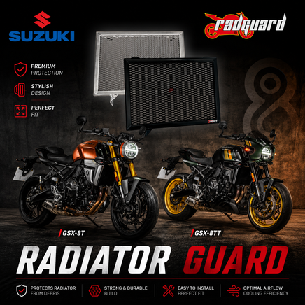 Suzuki radiator guard advertisement with two motorcycles on a dark background showing radiator guards in black and polished alloy