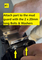 Instructional close-up showing a hand attaching a metal bracket to a black mechanical part using two 20mm long bolts and washers, with yellow text boxes and arrows explaining the process.