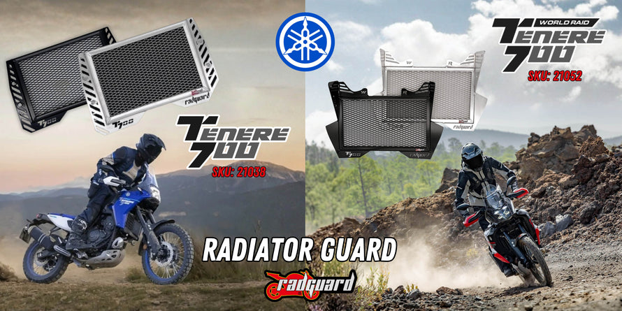 Radiator guard advertisement with Yamaha Tenere 700 and World Raid motorcycle on a mountainous background - Rad Guard giving protection from rocks and road debris
