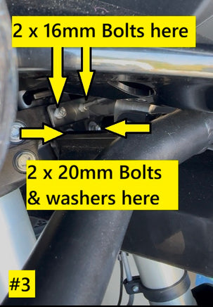 Close-up instructional photo of a motorcycle Fender spacer kit with yellow text boxes and arrows pointing to two 16mm bolts and two 20mm bolts with washers.