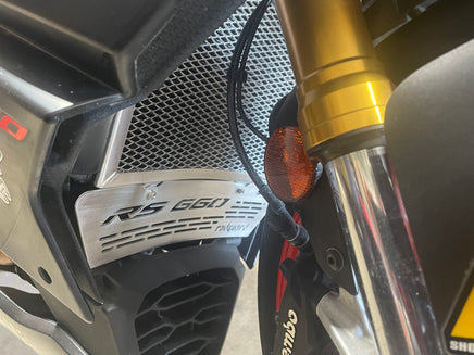 Rad Guard Aprilia RS660 premium Polished Radiator Guard fitted to the bike 