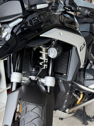 View of the BMW R1300GS with Rad Guard radiator guards fitted 
