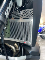 Rad Guard Motorcycle radiator guard in a garage setting showing off for a CFMOTO 1000 MT-X 