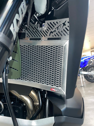 Rad Guard Motorcycle radiator guard in a garage setting showing off for a CFMOTO 1000 MT-X 