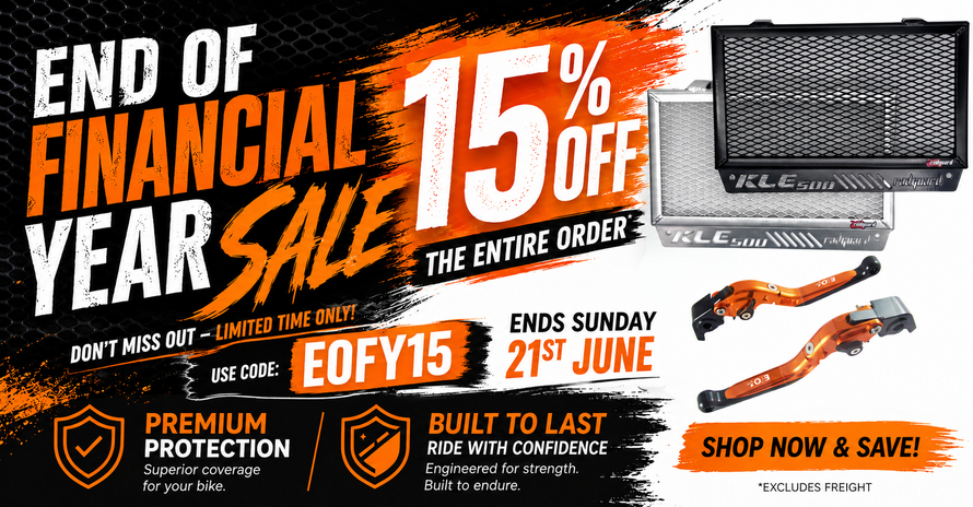 Promotional banner for End of Financial Year Sale 15% off entire order excludes freigh, use coupon code EOFY15