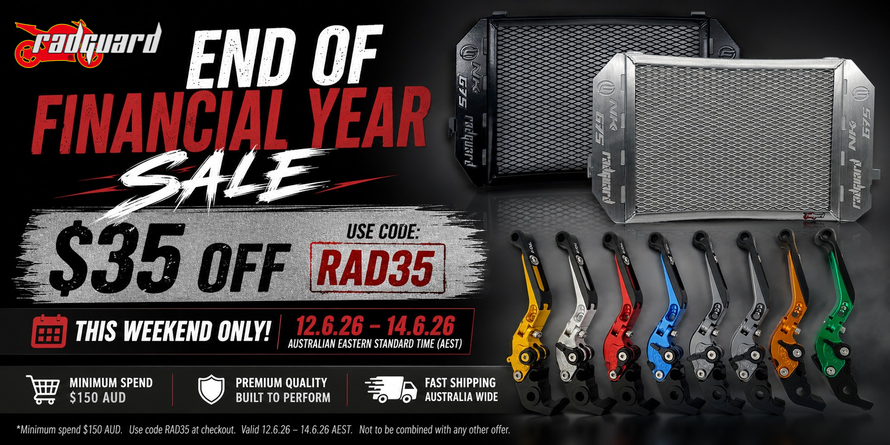 Promotional banner for Rad Guard with motorcycle radiator guards and Brake and Clutch levers for the  end-of-year sale