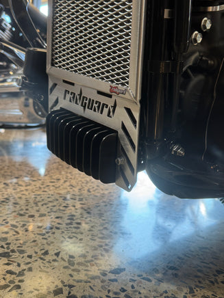 rad guard fitted to Harley Davidson Heritage Classic 117 showing the bottom mounting points and cnc work