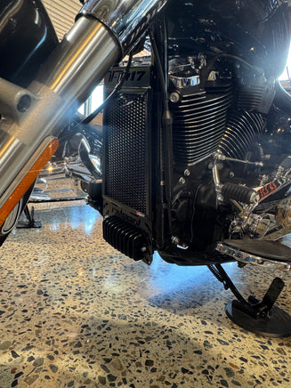 Close-up of a motorcycle engine on a textured surface for a Harley Davidson Heritage Classic 117 with a black rad guard