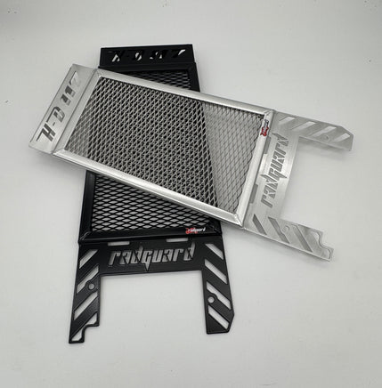 Motorcycle radiator guard with 'Radiator' branding on a white background, in black and polished alloy for Harley Davidson Heritage Classic 117 