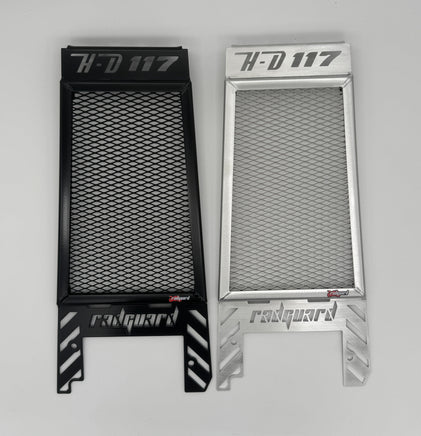 Two motorcycle radiator guards with 'H-D 117' and 'radguard' branding on a gray background for Harley Davidson Heritage Classic 117