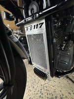 Close-up of a motorcycle engine with 'H-D 117' cnc work for a rad guard in the polished alloy for a Harley Davidson Low Rider ST 117 