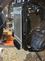 Close-up of a motorcycle engine with visible branding on a textured surface with a rad guard fitted in polished alloy