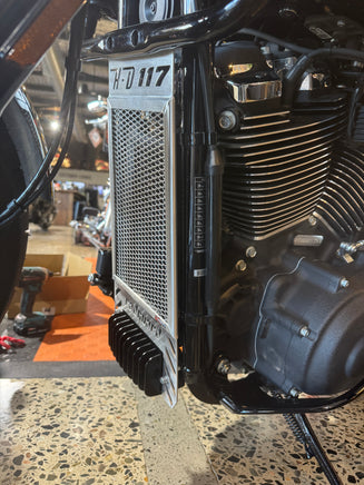 Close-up of a motorcycle engine with visible branding on a textured surface with a rad guard fitted in polished alloy