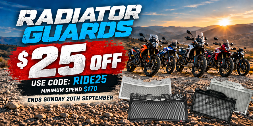 Promotional banner for Radiator Guards on special. Large text advertises '$25 OFF' with code 'RIDE25' and minimum spend '$170' ending Sunday 20th September. Grab your essential aftermarket accessory for your motorcycle today
