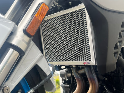 Motorcycle Suzuki GSX-8T & 8TT Radiator Guard with a Rad Guard brand logo on a Suzuki GSX-8T & 8TT motorcycle. The must have protection 