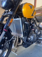 Close-up of a motorcycle with a visible brand logo on a concrete surface for a Triumph Trident 660 showing a polished rad guard fitted