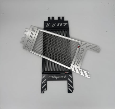 Motorcycle radiator guard with 'H-D' and 'RadGuard' branding on a gray background for a Harley Davidson Low Rider ST 117 